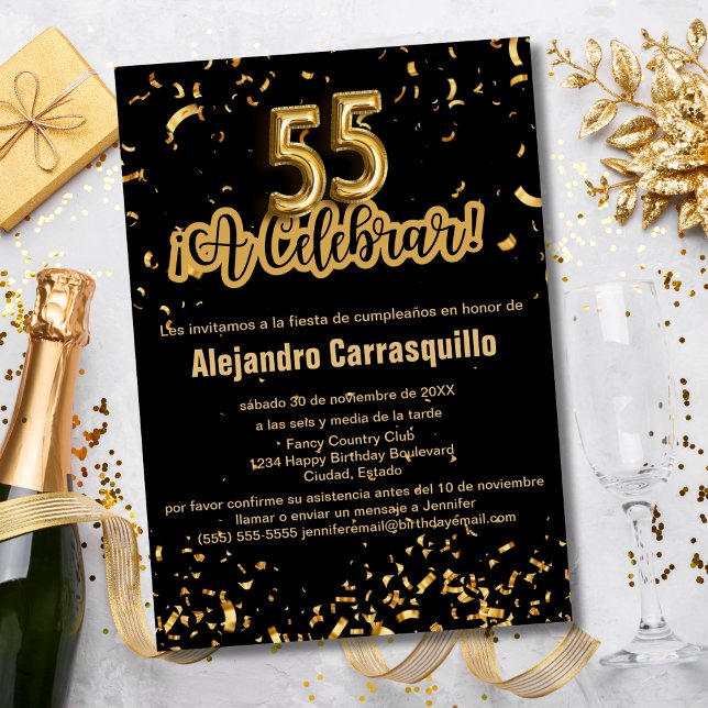 Spanish Glam Black & Gold Confetti 55th Birthday Invitation (Creator Uploaded)