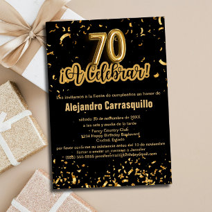 Spanish Glam Black & Gold Confetti 70th Birthday Invitation