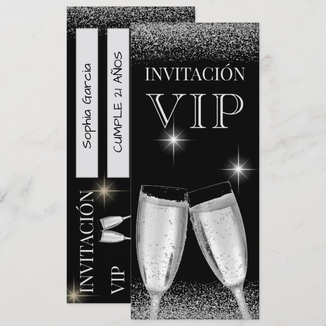 Spanish Glitzy Silver VIP Birthday Party Invitation (Front/Back)