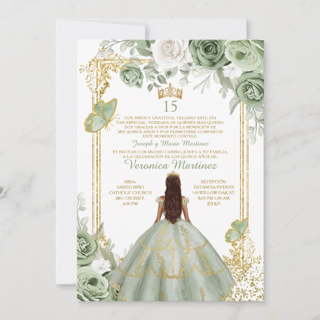 Spanish Gold 15 Años Sage Green Princess Birthday Invitation (Front)