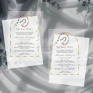 Spanish Gold Arch Cross Girl Monogram Baptism Acrylic Invitations