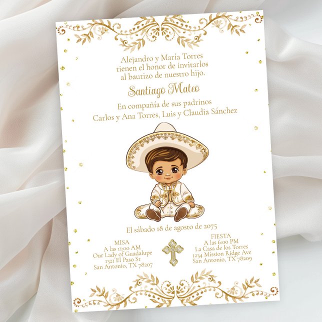 Spanish Gold Charro Baptism Invitation (Gold charro baptism invitation. Simply add your event details. Background color can be changed.)
