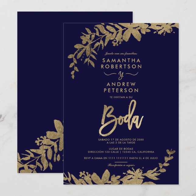 Spanish Gold leaf floral navy blue chic wedding Invitation (Front/Back)