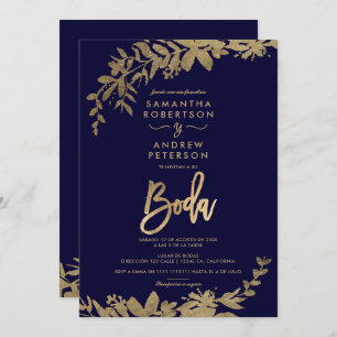 Spanish Gold leaf floral navy blue chic wedding Invitation