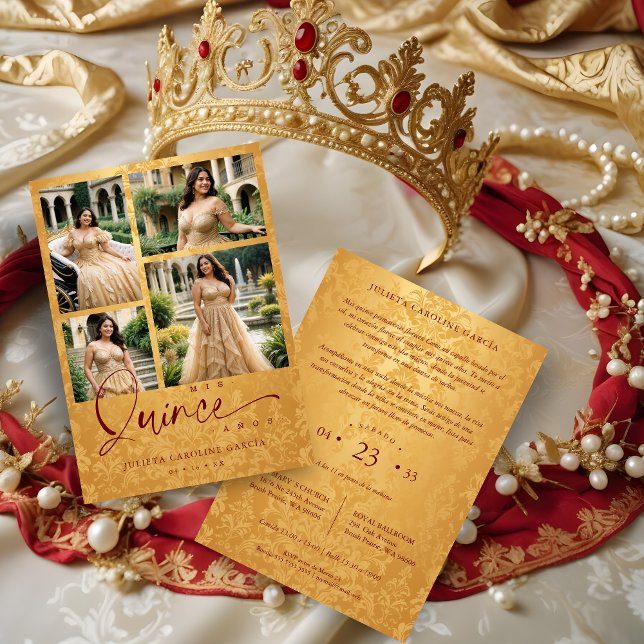 Spanish Golden & Dark Red Trendy XVs Collage 4  Invitation (Spanish Golden & Dark Red Trendy Quinceañera Collage 4 Multi Photos Invitations Cards. )