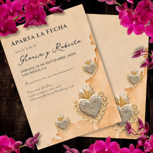 Spanish Golden Silver Milagros Heart Save the Date Invitation