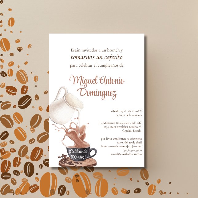 Spanish Great Coffee Splash 100th Birthday Party  Invitation (Creator Uploaded)