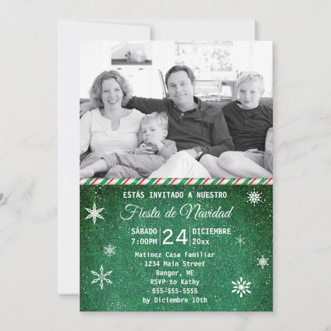 Spanish Green Denim Snowflake Photo Holiday Party Invitation (Front)