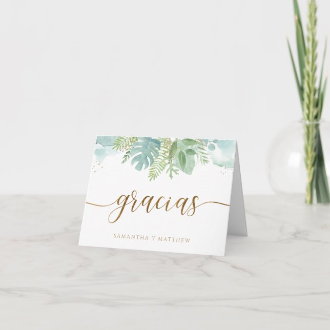 Spanish, Greenery Blue Green Watercolor Folded  Thank You Card (Front)