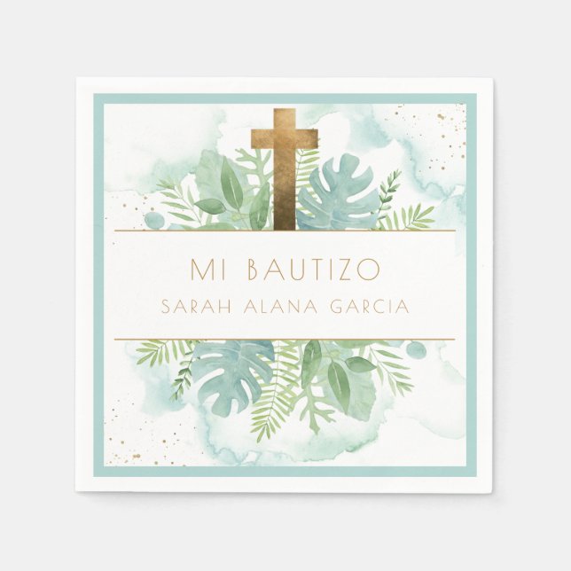 Spanish, Greenery Boy/Girl Baptism Blue Mint Napkin (Front)