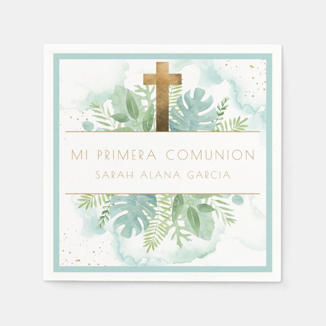 Spanish, Greenery Boy/Girl First Communion Blue Napkin (Front)