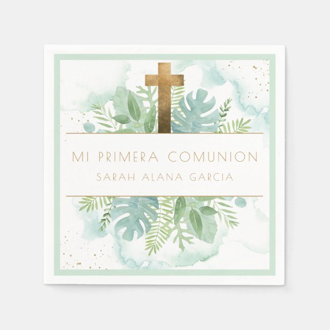 Spanish, Greenery Boy/Girl First Communion Green Napkin (Front)