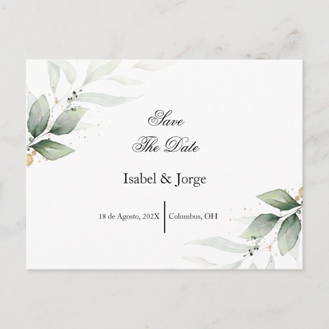 Spanish Greenery Save the Date card (Front)