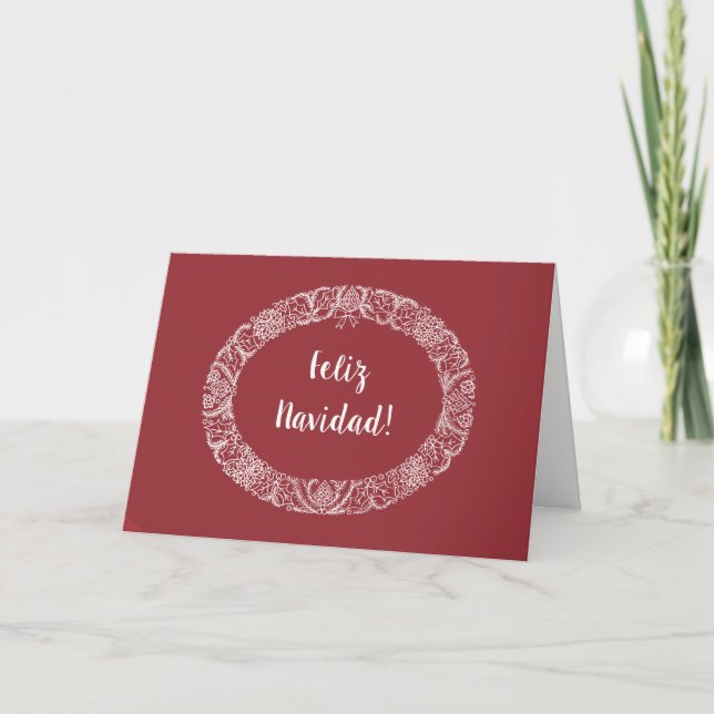 Spanish Greeting Christmas Wreath White, Deep Red Holiday Card (Front)