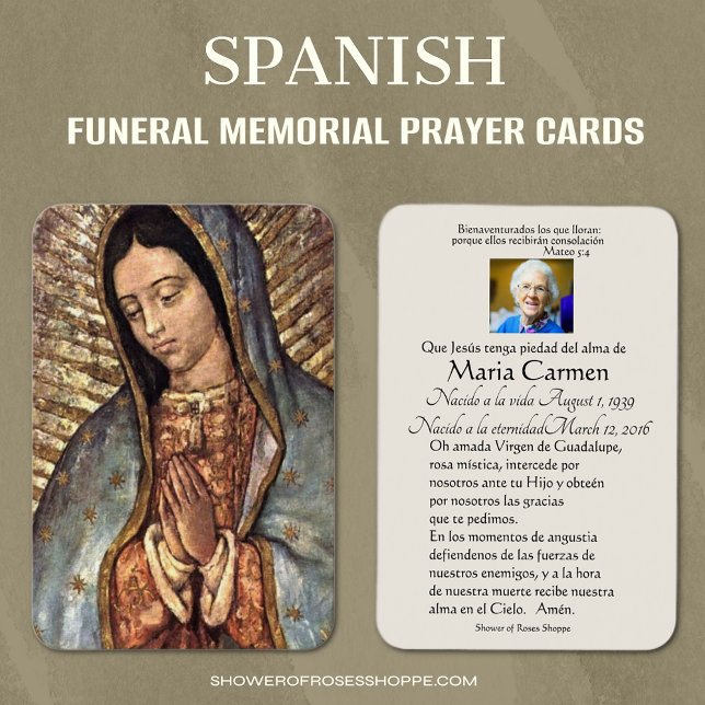 Spanish Guadalupe Mary Funeral Prayer  Holy Card (Spanish Catholic Guadalupe Funeral Memorial Prayer Cards)