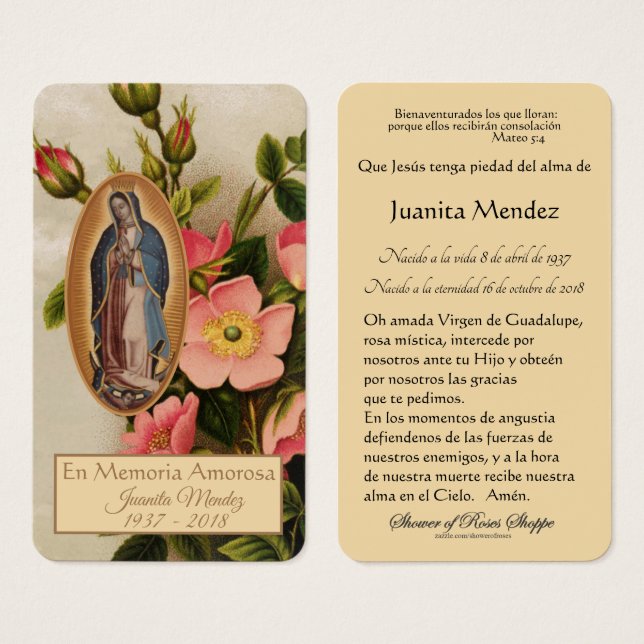 Spanish Guadalupe Mary  Religious Prayer Card (Front & Back)