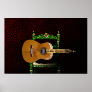 Spanish guitar with Giralda of Seville and chair Poster