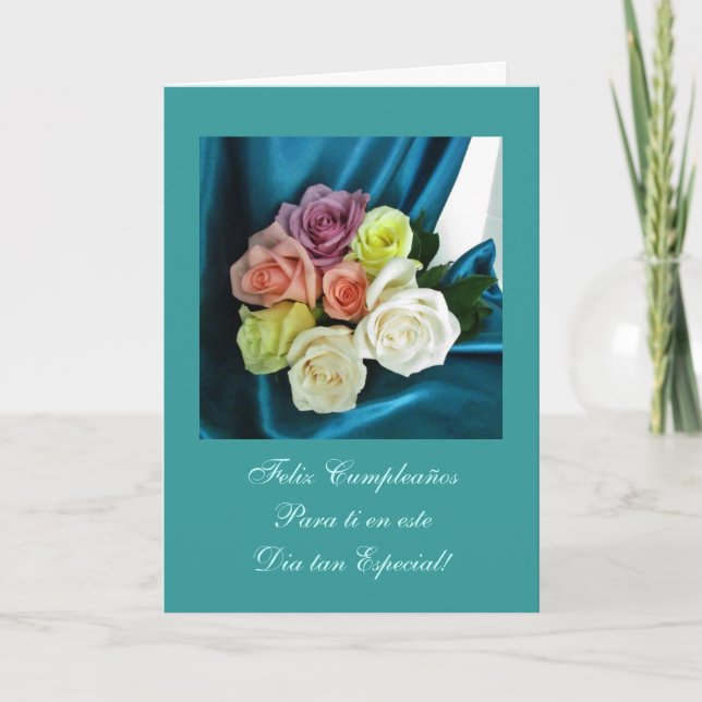 Spanish: Happy Birthday/ Feliz Cumpleanos teal Card (Front)