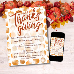 Spanish Happy Thanksgiving Chequered Pumpkins Invitation