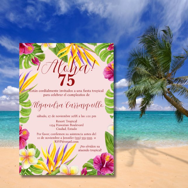 Spanish Hawaiian Pink Aloha Elegant 75th Birthday Invitation (Creator Uploaded)