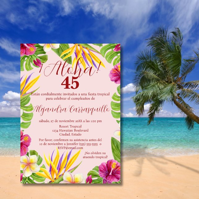 Spanish Hawaiian Pink Aloha Luau 45th Birthday Invitation (Creator Uploaded)