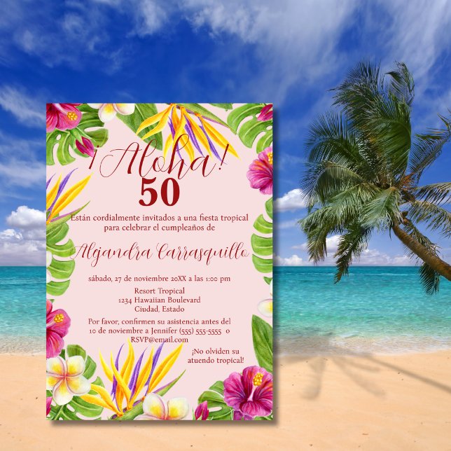 Spanish Hawaiian Pink Aloha Tropical 50th Birthday Invitation (Creator Uploaded)