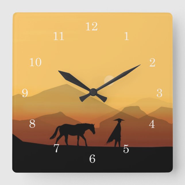 Spanish Horse and Man Silhouette Clock at Sunset (Front)