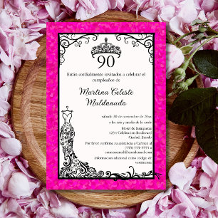 Spanish Hot Pink Black Classy 90th Birthday Party Invitation