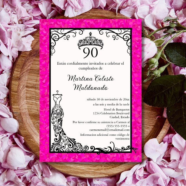 Spanish Hot Pink Black Classy 90th Birthday Party Invitation (Creator Uploaded)