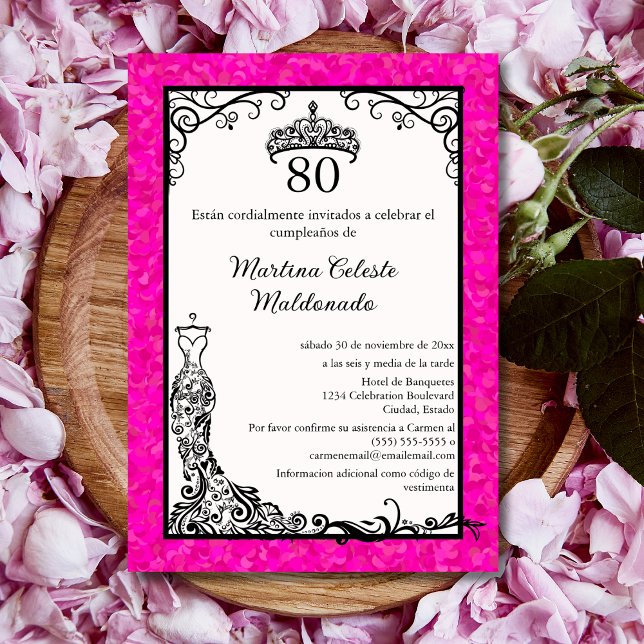 Spanish Hot Pink Black Stylish 80th Birthday Party Invitation (Creator Uploaded)
