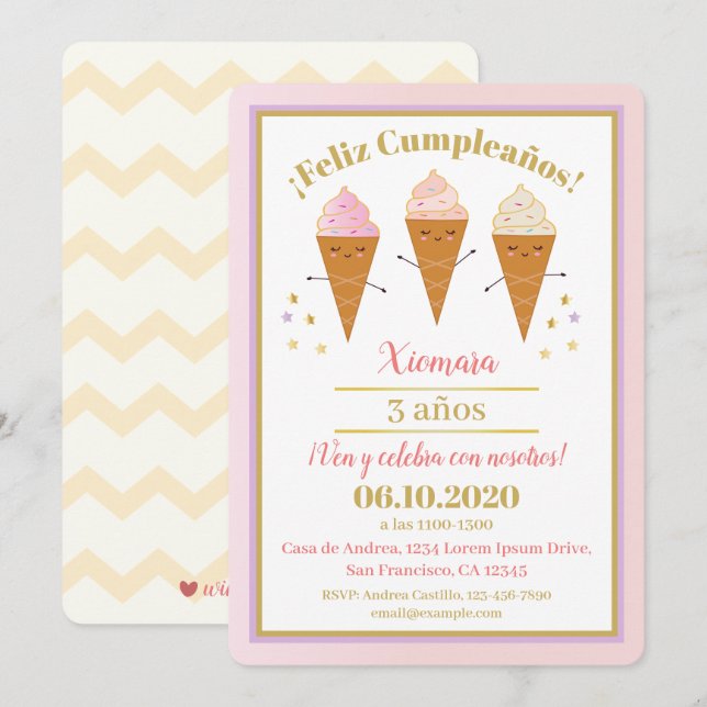 Spanish Ice Cream Cone Pink and Gold Birthday Invitation (Front/Back)