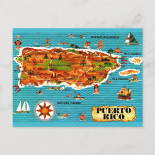 Spanish Illustrated Puerto Rico Map Postcard