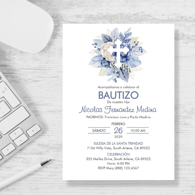 Spanish Invitacion Bautizo  Blue Flowers Baptism Invitation (Creator Uploaded)