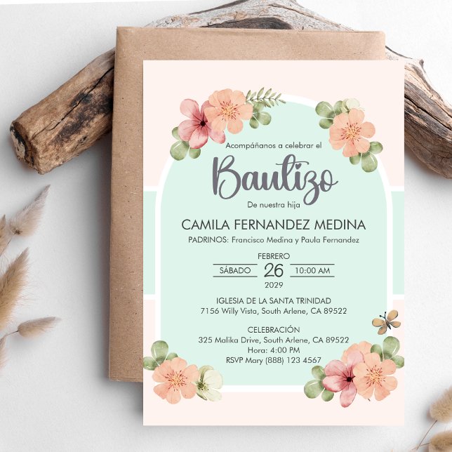 Spanish Invitacion Bautizo Pink Flowers Baptism Invitation (Creator Uploaded)