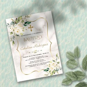 Spanish Invitacion De Bautizo White Floral Marble Invitation