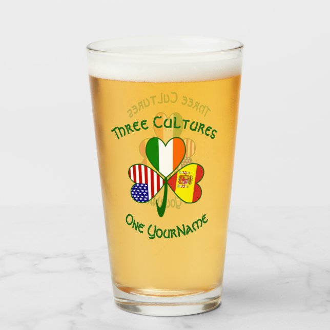 Spanish Irish American Flags Shamrock Personalise Glass (Front Filled)