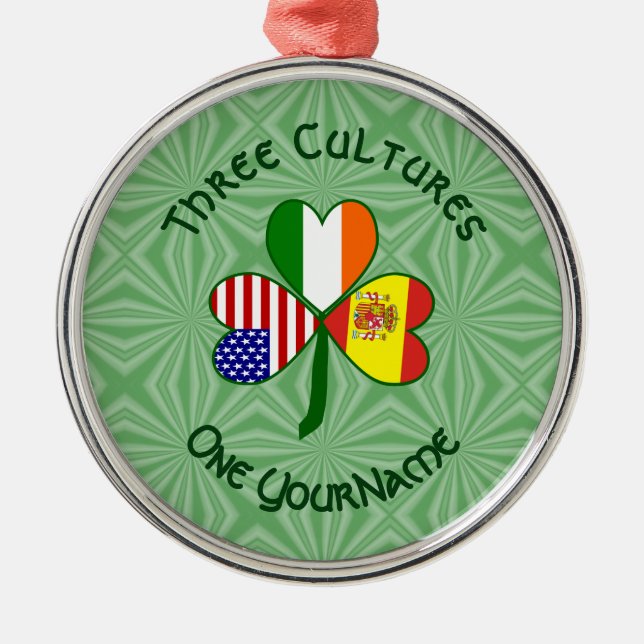 Spanish Irish American Flags Shamrock Your Name Metal Tree Decoration (Front)