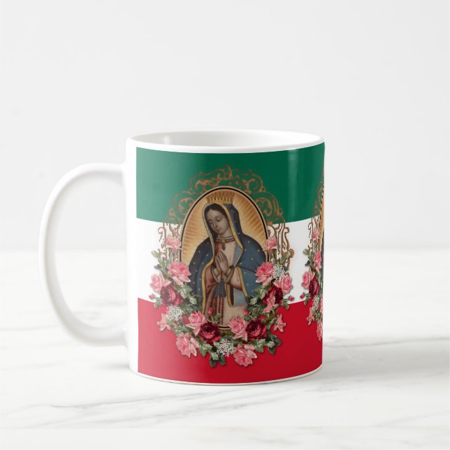 Spanish Lady of Guadalupe Mexican Flag Religious Coffee Mug (Left)