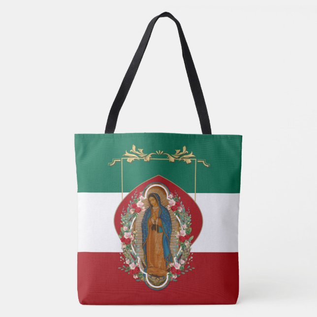 Spanish Lady of Guadalupe Mexican Flag Religious  Tote Bag (Front)