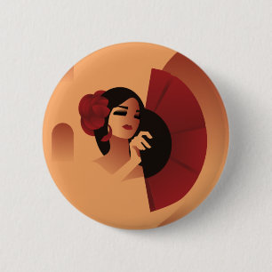 Spanish Lady with fan and red rose in hair 6 Cm Round Badge
