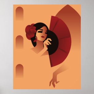 Spanish Lady  with fan and red rose in hair Poster