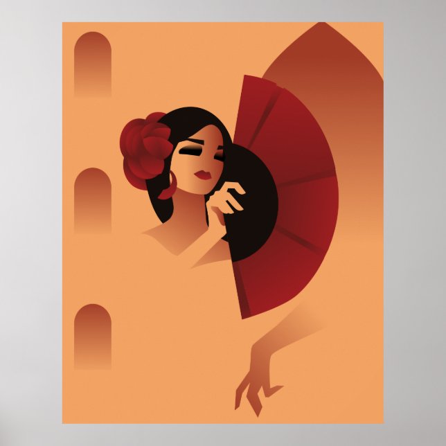 Spanish Lady  with fan and red rose in hair Poster (Front)