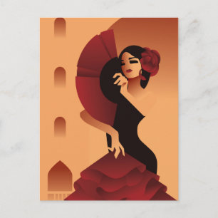 Spanish Lady with fan and rose in hair Postcard