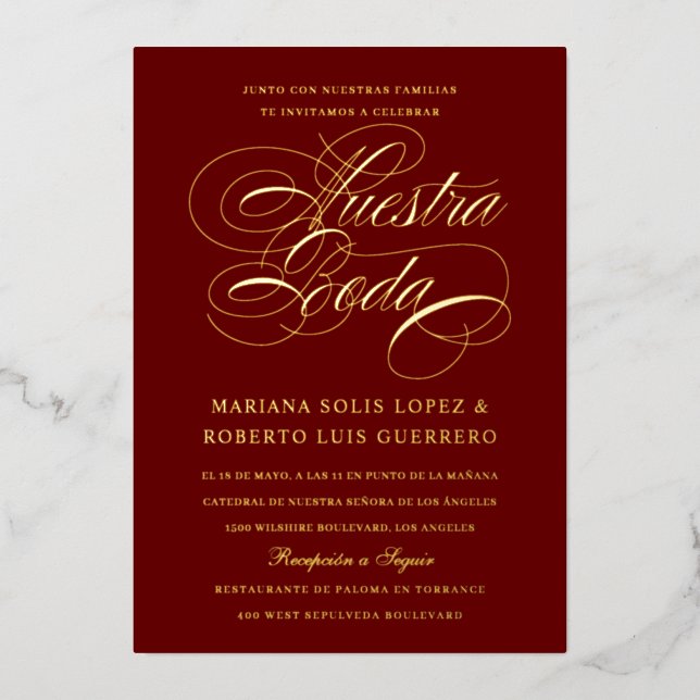 Spanish Language Nuestra Boda Maroon Gold  (Front)