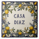 Spanish Lemon Custom House Name Plate Plaque Sign Tile<br><div class="desc">custom house name plate, personalised house name plaque, personal customised text sign, lemon farm casa ceramic tile, mediterranean green yellow lemons fruit, traditional portuguese spanish nature, last family name surname, italian farmhouse home signage, decorative antique rustic farming villa, blue and white vintage art</div>