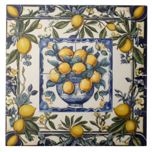 Spanish Lemons in Vase Pot Blue & White Tile