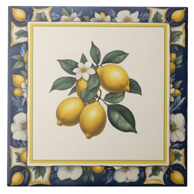Spanish Lemons on Branch Lemon Leaves Blue & White Tile (Front)