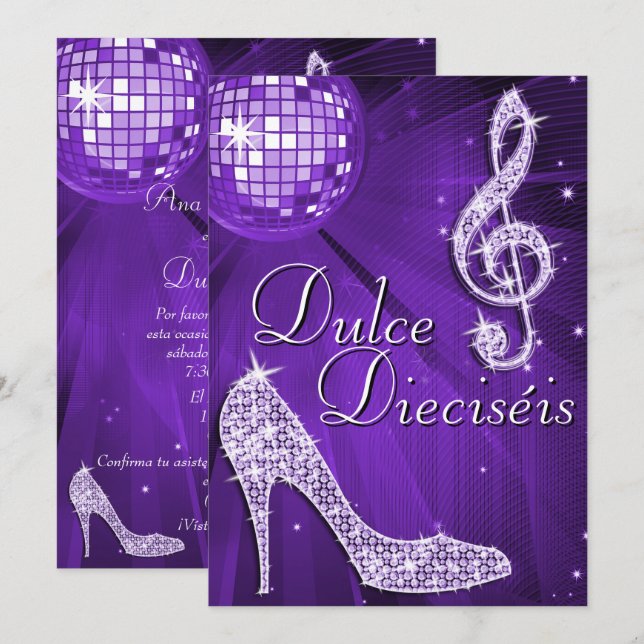 Spanish Lilac Disco Ball & Sparkle Heels Sweet 16 Invitation (Front/Back)