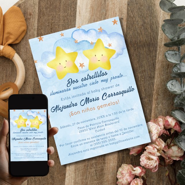 Spanish Little Stars Blue Twin Boys Baby Shower Invitation (Creator Uploaded)