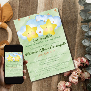 Spanish Little Stars Green Twins Baby Shower Invitation